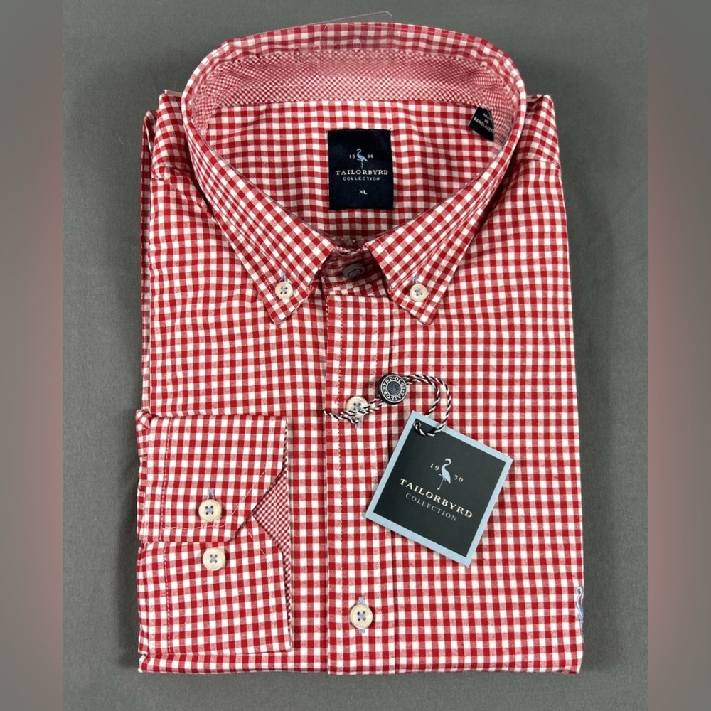 Tailorbyrd Sport Shirt Gingham Checks LS XL Red Cotton Spandex